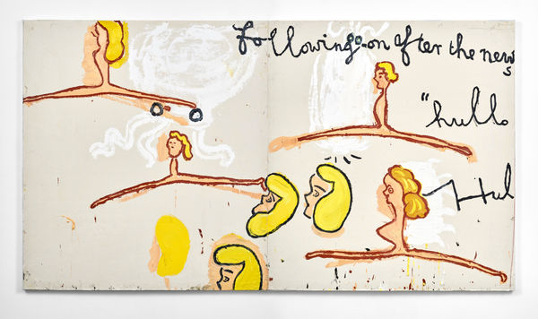 Rose Wylie Hullo, Hullo, Following-on After the News , 2017 Oil on canvas 183 x 334 cm