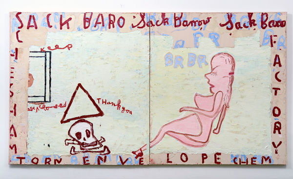 Rose Wylie Sack Barrow, Factory Pin-Up (film notes), 2014 Oil on canvas 184 x 335 cm