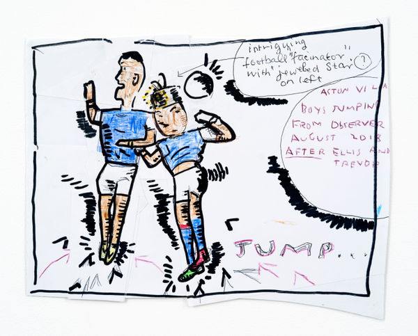 Rose Wylie Aston Villa Boys jumping with Bandage , 2018 Biro, coloured pencil, marker and collage on paper 24.8 x 30.2 cm