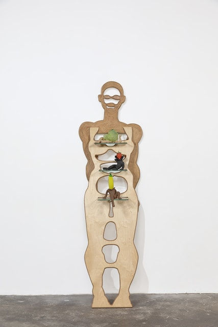 Saelia Aparicio Fridge, 2021 Spirit stained plywood, found objects, ceramic, glass