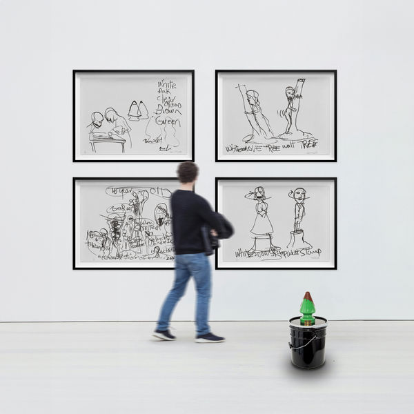 Paul McCarthy Tree Green Plug Bottle Whisky Bucket Black - Limited Edition (Complete Suite), 2014-2024 13-year-old single malt Scotch whisky, hand blown coloured glass, wax, foil sticker, foam, steel bucket & lithograph Sculpture: 57.2 x 27.9 x 27.9 cm Lithograph: 70 x 100 cm