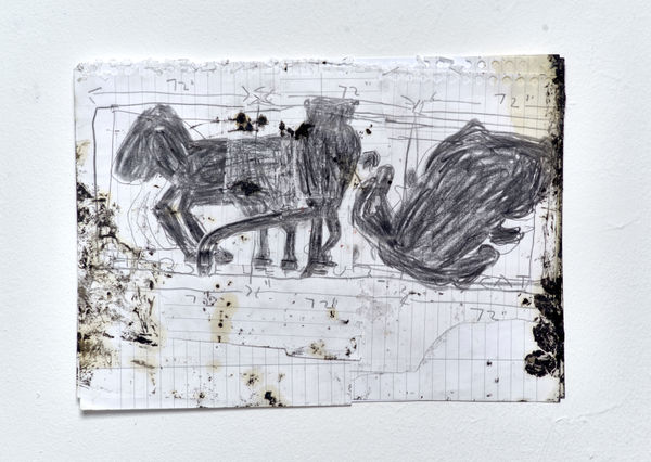 Rose Wylie Black, Horse, Lemur & Cat, 2016 Coloured pencil, oil and collage on paper 29.7 x 21.5 cm