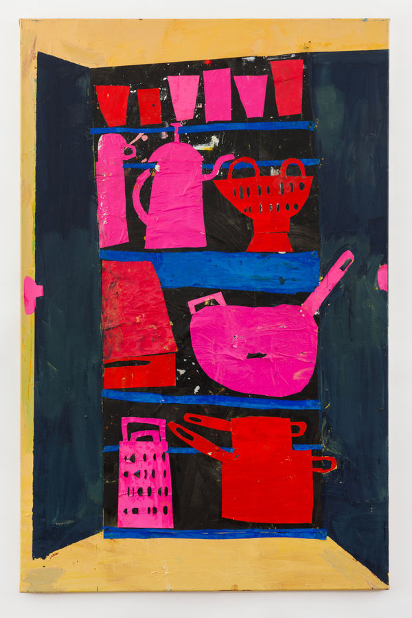 Florence Hutchings The Kitchen Pantry (Red), 2023 Oil and collage on canvas 140 x 90 cm