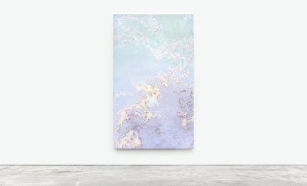 Martine Poppe High up , 2022 Oil on polyester restoration fabric and textiles 200 x 120 cm