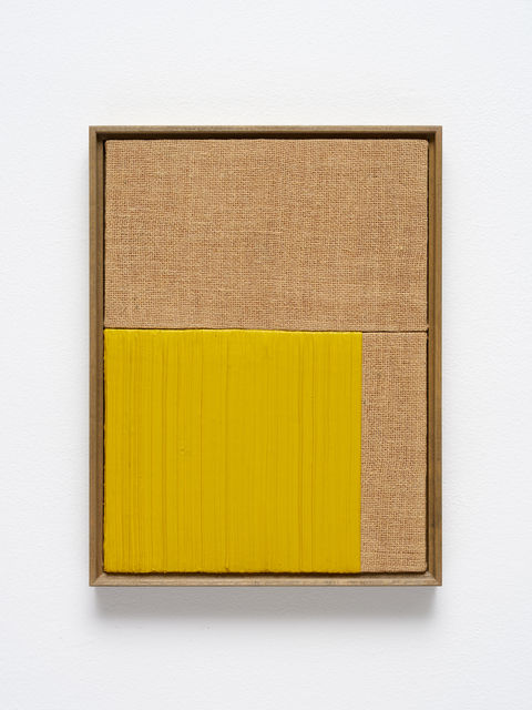 Johnny Abrahams Untitled (Yellow V), 2021 Acrylic and oil on burlap 41 x 31 cm