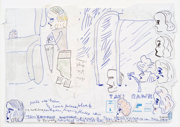 Rose Wylie Taxi Rank, 2018 Biro, coloured pen, coloured pencil, pencil and collage on paper 23.7 x 33.3 cm