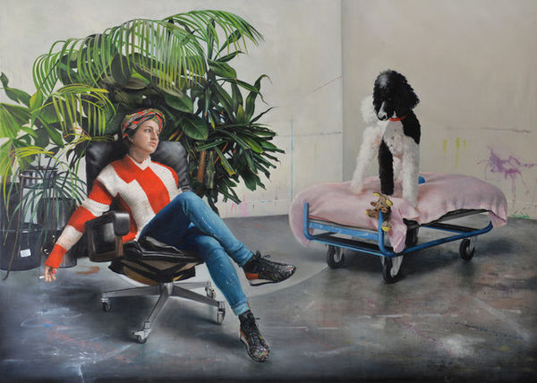 Helena Parada-Kim The artist Lina Franko and her kingpoodle Karlo in her studio, 2020 Oil on linen 180 x 250 cm