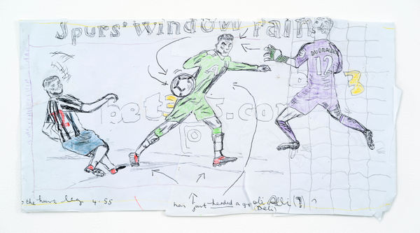 Rose Wylie Football, Spurs Window Pane, 2018 Biro, coloured pencil and collage on paper 22 x 42.7 cm