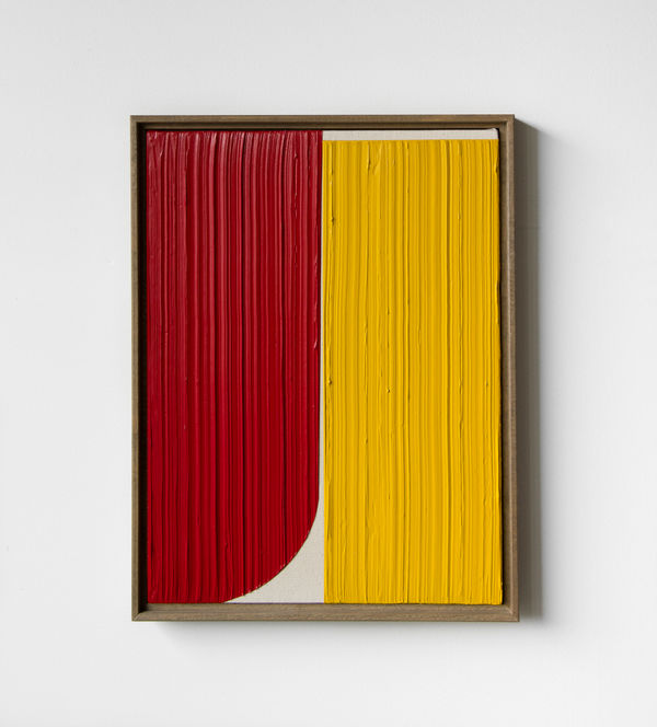 Johnny Abrahams Untitled (Red & Yellow III), 2021 Acrylic and oil on burlap 41 x 31 cm