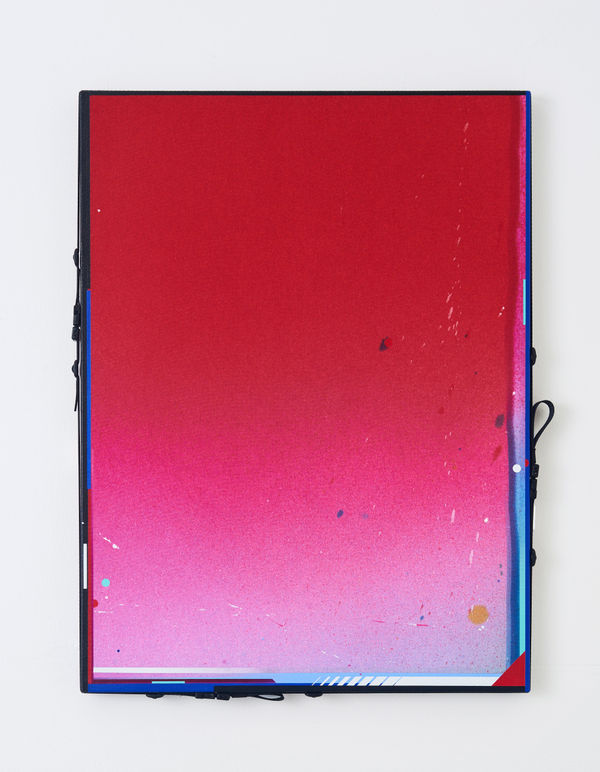 Ben Edmunds It’s not too late to take flight , 2023 Fabric dye and acrylic on canvas with webbing and buckles 80 x 60 cm