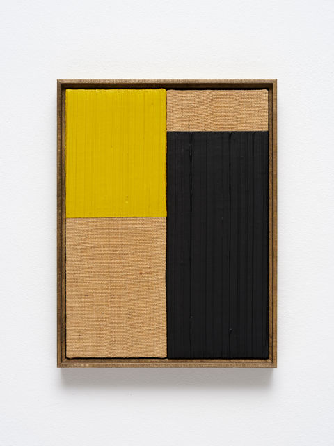 Johnny Abrahams Untitled (Black & Yellow), 2021 Acrylic and oil on burlap 41 x 31 cm