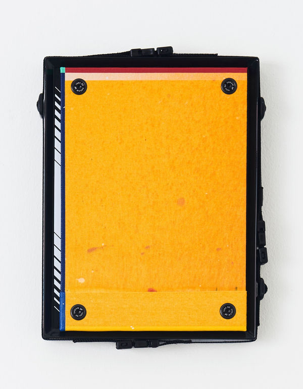 Ben Edmunds What was yours and mine (an ocean of time) , 2023 Fabric dye and acrylic on canvas with gloss painted wooden frame, webbing and buckles 30 x 23 cm