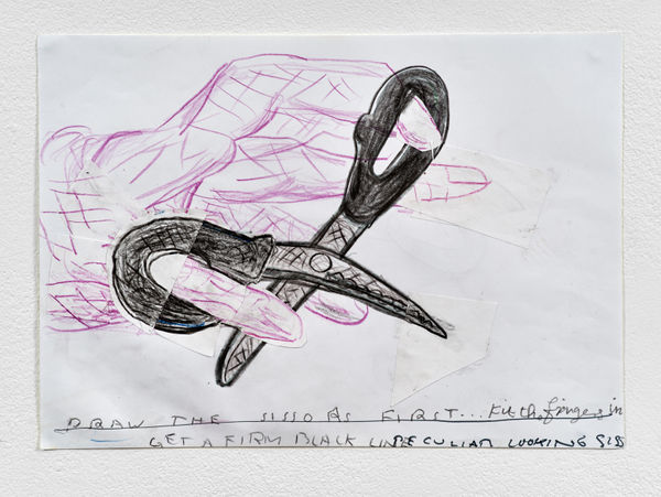 Rose Wylie Draw the scissors first... fit the fingers in, 2017 Coloured pencil and collage on paper 21 x 29.8 cm