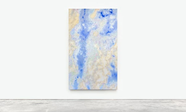 Martine Poppe Overspill, 2022 Oil on polyester restoration fabric and textiles 200 x 120 cm