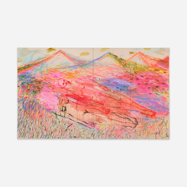 Kim Booker Reincarnation, 2023 Acrylic, spray paint and glitter on canvas in two (2) parts 180 x 300 cm