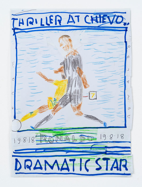 Rose Wylie Football, after Ronaldo with floating number, 2018 Coloured pencil, marker and collage on paper 29.5 x 21.3 cm