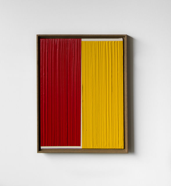 Johnny Abrahams Untitled (Red & Yellow I), 2021 Acrylic and oil on burlap 41 x 31 cm
