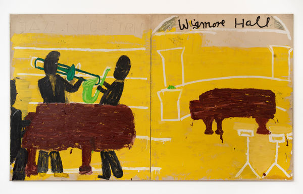 Rose Wylie Jazz Trio, Wigmore Hall, (yellow), 2022 Oil on canvas 183 x 310 cm