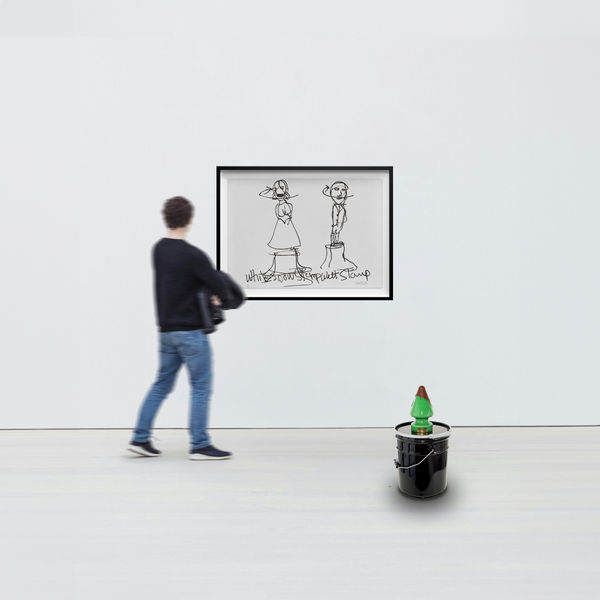 Paul McCarthy Tree Green Plug Bottle Whisky Bucket Black - Early Collectors Edition, 2014-2024 13-year-old single malt Scotch whisky, hand blown coloured glass, wax, foil sticker, foam, steel bucket & lithograph Sculpture: 57.2 x 27.9 x 27.9 cm Lithograph: 70 x 100 cm