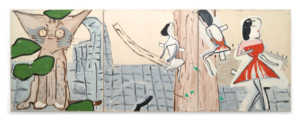 Rose Wylie Red Twink and Ivy, 2002 Oil on canvas 183 x 504 cm
