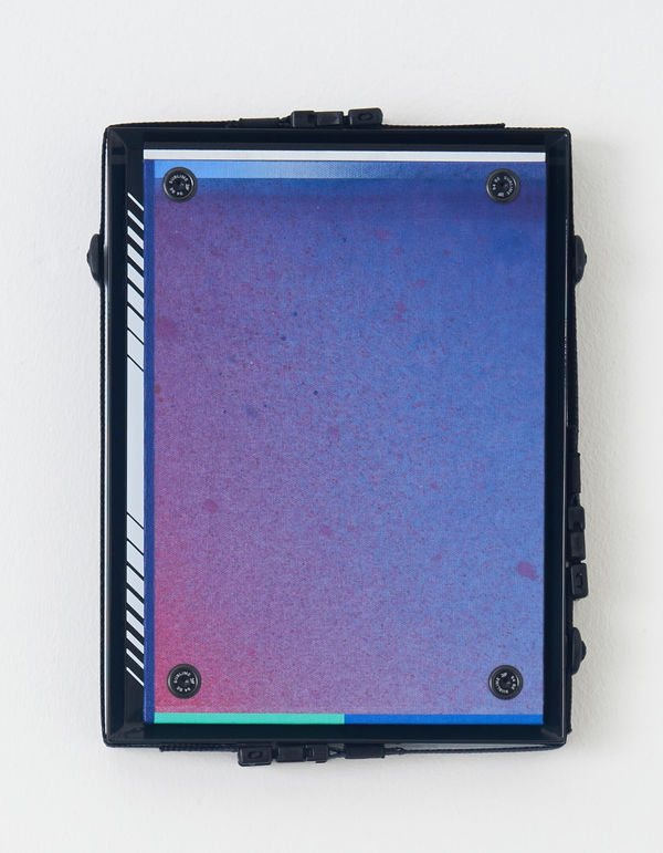 Ben Edmunds Don’t go of the world unknown (and lend me your left hand) , 2023 Fabric dye and acrylic on canvas with gloss painted wooden frame, webbing and buckles 30 x 23 cm