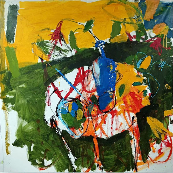 Luis Olaso, Composition for a table with a blue bottle and a flower, 2024