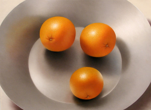 THREE ORANGES IN METAL BOWL