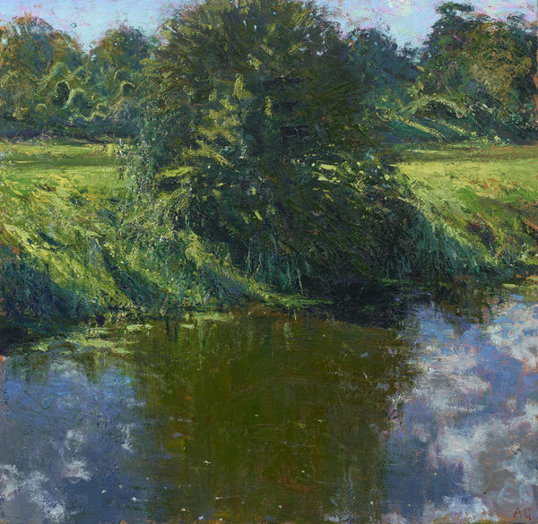 Andrew Gifford, Late Summer Hawthorn, Glynde Reach, with reflected broken clouds, 2021