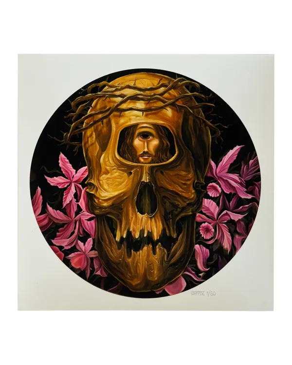 George Thompson (EWOK), Still Life with Cyclops, Skull, Flowers and Jesus, 2014