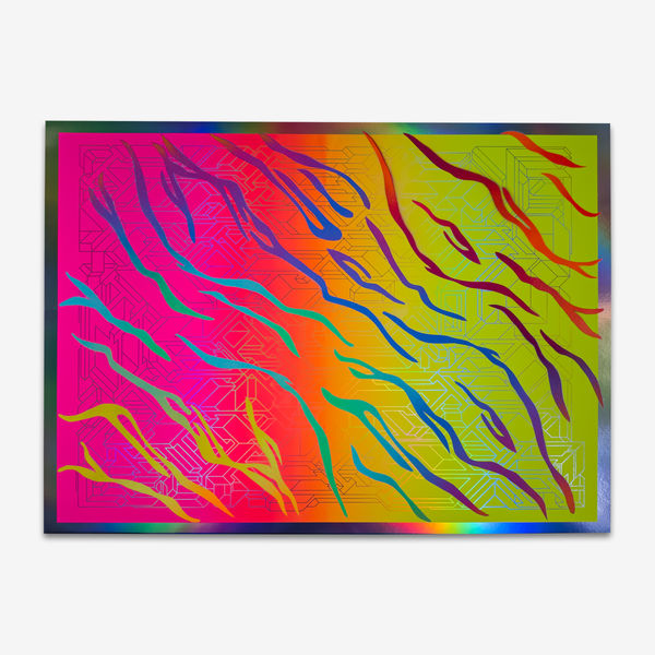 HOTTEA, The Imagination Is One Hell of a Drug (spray paint on holographic metallic paper) , 2025