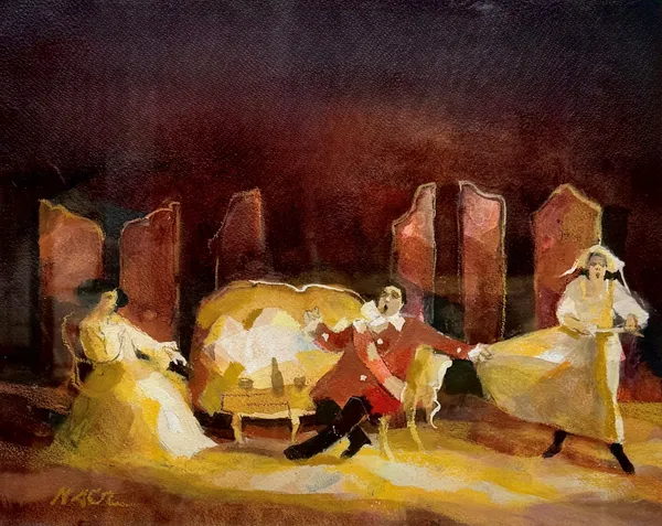 Stock Sale Hazel Nagl, RSW RBI PAI (Scottish): 'A Scene from Richard Strauss's 'Der Rosencavalier, Act I'' Watercolour (framed) 28 x 31cm