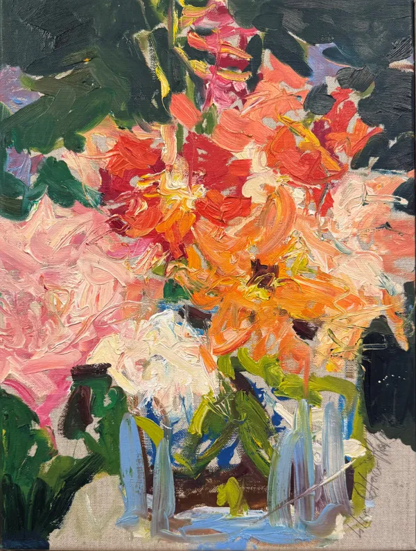 Stock Sale Lilia Orlova-Holmes: 'Small Cottage Flowers', 2024 Oil on linen 40 x 30cm