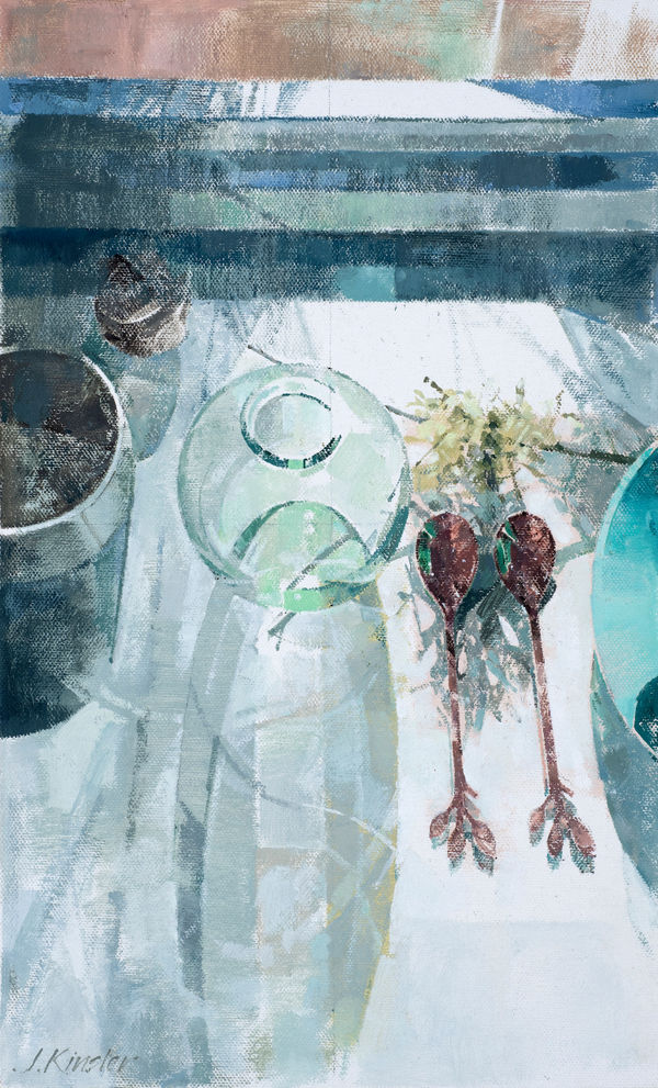 Jeannie Kinsler Two spoons and lichen, 2023 Oil on canvas 15.74 x 9.84ins (40 x 25cm) (artwork size)