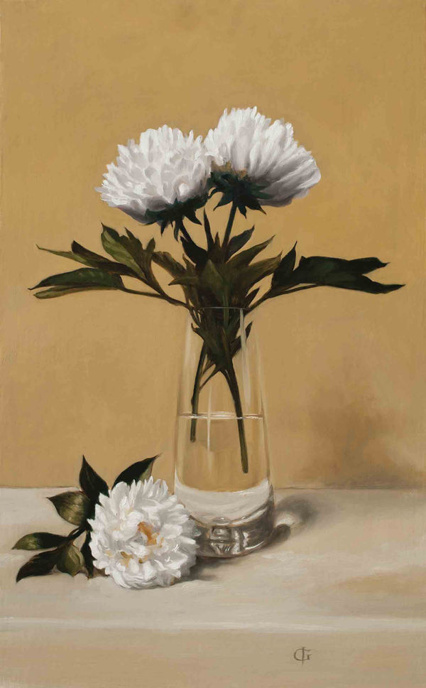 James Gillick, White Peonies in a Tall Glass Vase