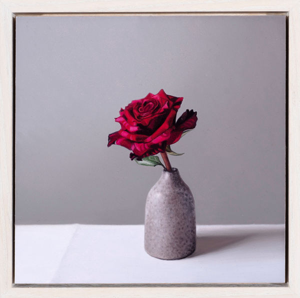 Jo Barrett, Still life with Red Rose and Wood Ash Glazed Bottle, 2022