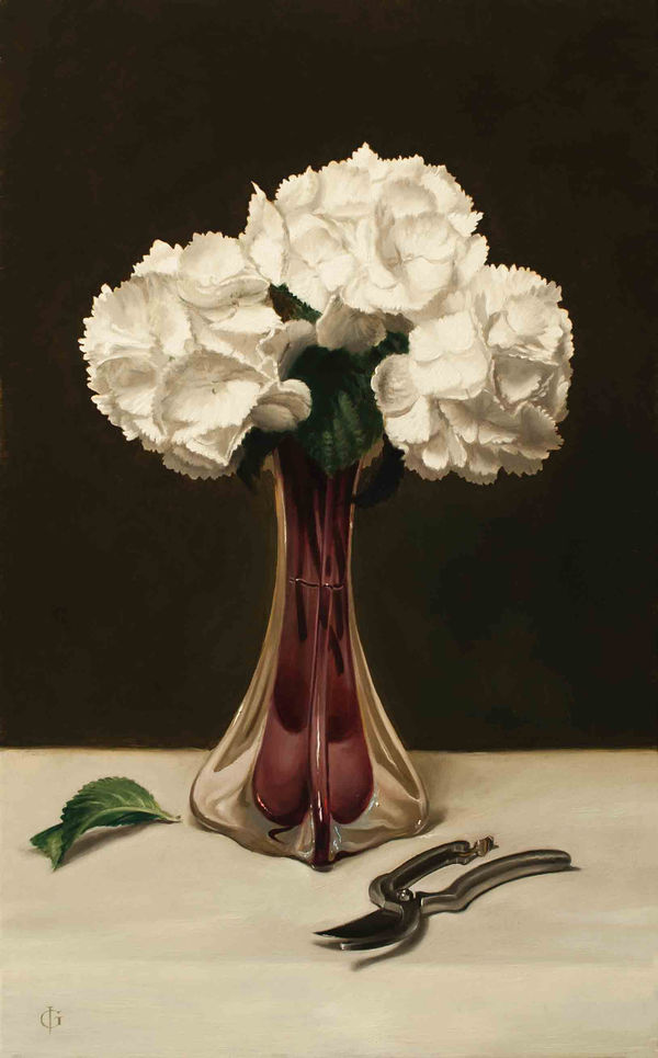 James Gillick, White Hydrangeas in a Trumpet Vase