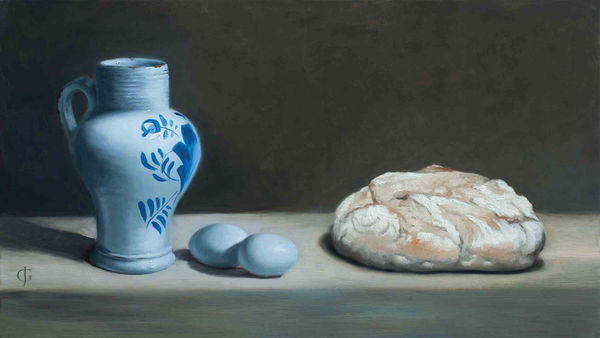 James Gillick, 18th-Century Delft Vase, Blue Eggs & Bread