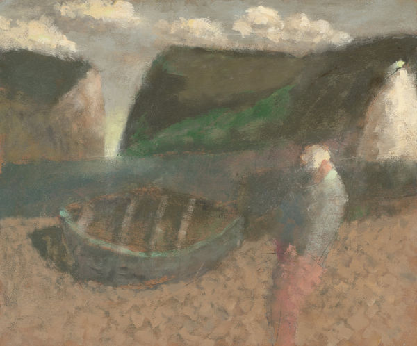 Nicholas Turner Fisherman with White sail, 2021 Oil on card 10 x 12ins (25.4 x 30.5cm) (artwork size) 15 x 16.5ins (38 x 42cm) (framed size)