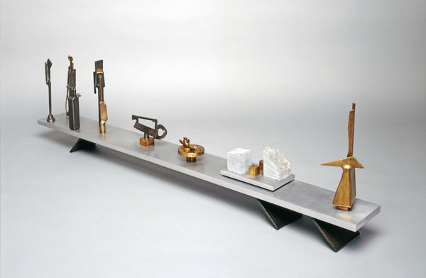 Sculptor's Table, 1989 Welded Steel, Brass, Aluminum, and Stone 15 x 56 x 6 "