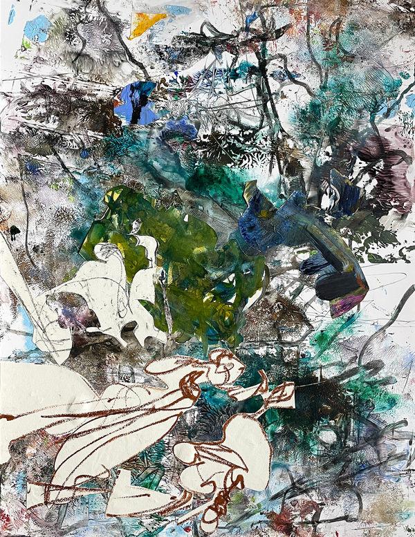 Woodsong, 2022 monotype, acrylic, drawing media, collage on yupo 26 x 20 in.