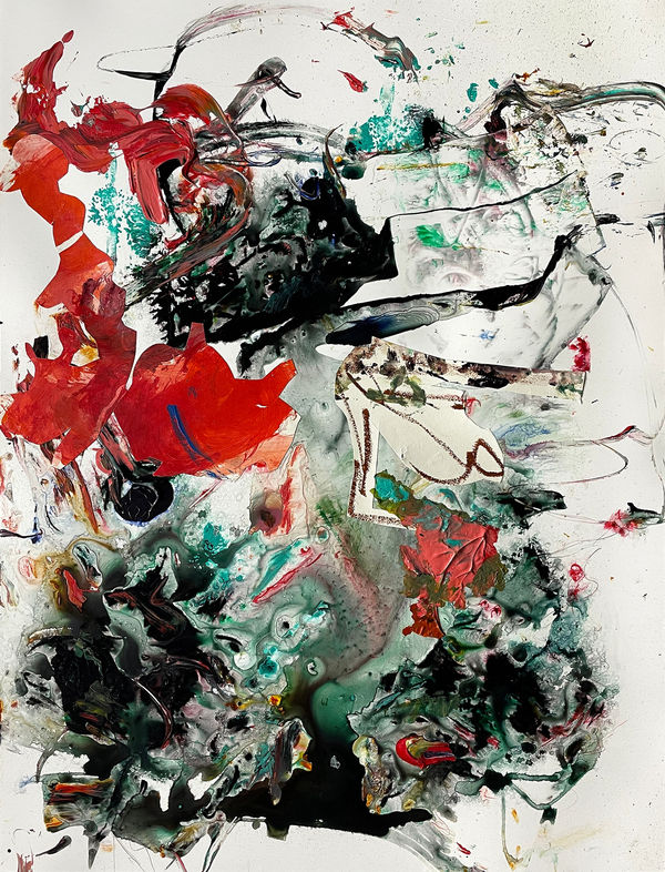 Sprung, 2023 monotype, acrylic, collage, drawing media on yupo 26 x 20 in.