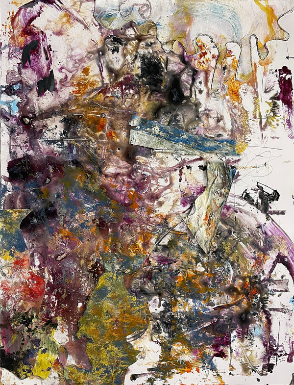 Echoing, 2023 monotype, acrylic, drawing media, collage on yupo 26 x 20 in.