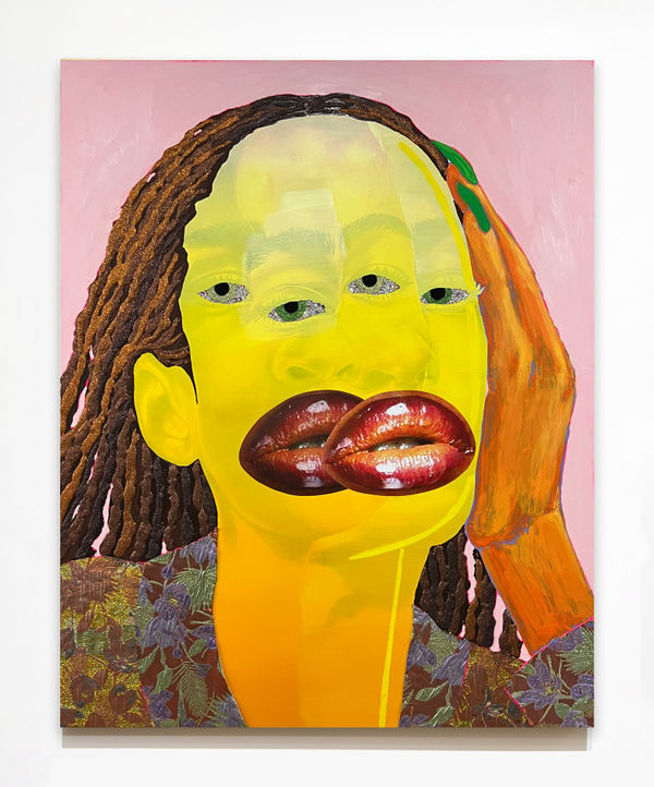 Devan Shimoyama Jas, Doubled, 2023 Oil, color pencil, Flashe, rhinestones, acrylic, fabric, collage and glitter on canvas stretched over panel 60 x 48 in. 152.4 x 121.9 cm