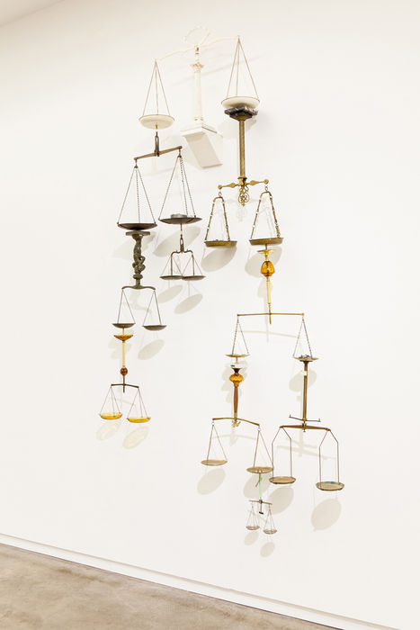 Glenn Kaino Escala-, 2014 Scales, various objects 120 x 72 x 11 in 304.8 x 182.9 x 27.9 cm