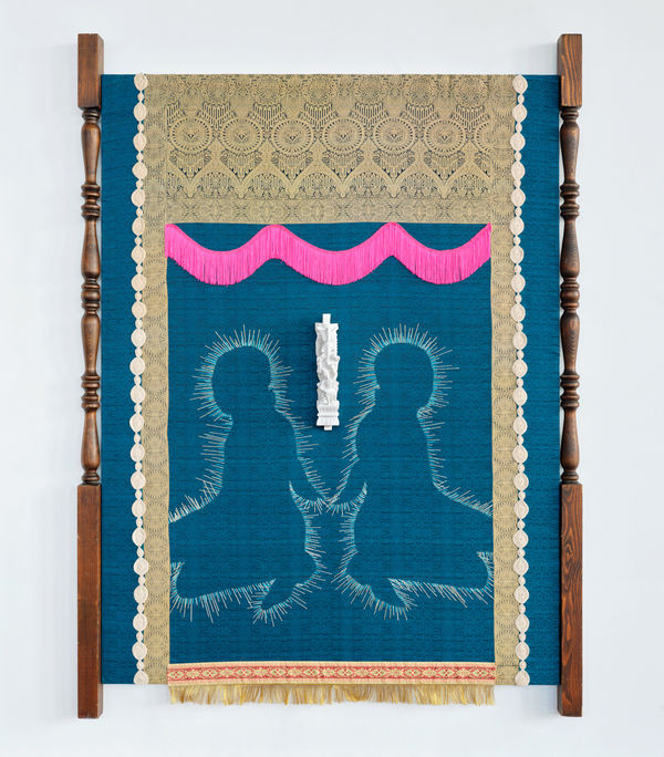 Suchitra Mattai a ballad for her, 2022 Embroidery floss, a family heirloom sari, fringe, trim, bedposts, and a 3D printed yakshi sculpture 80 x 60 in 203.2 x 152.4 cm