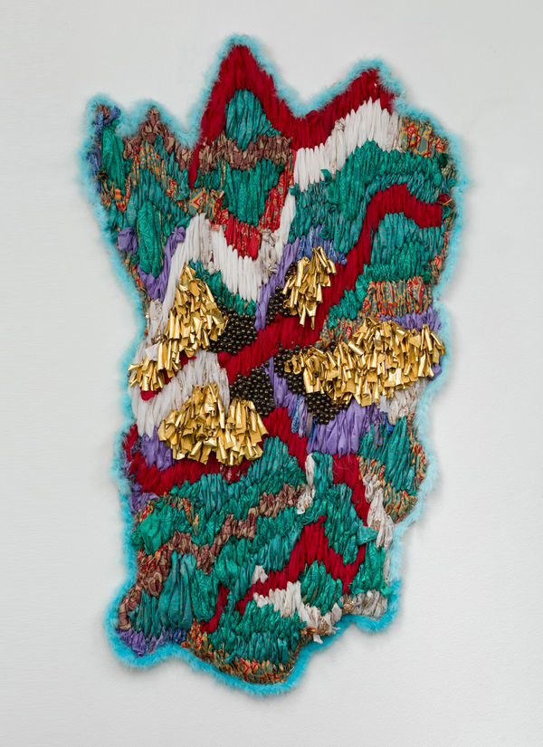 Suchitra Mattai A Mother's Glow, 2021 Vintage saris, (including my Mother's wedding saris from Guyana), ghungroo bells, fabric, rope net, and boas) 95 x 52 x 3 in 241.3 x 132.1 x 7.6 cm