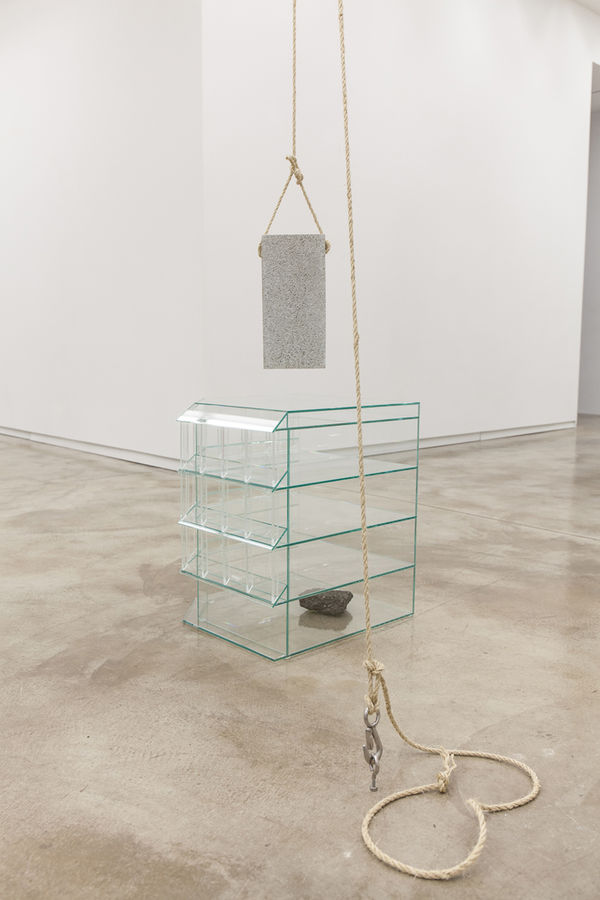 Glenn Kaino Stones Throw (Indonesia), 2014 Glass, rope, rocks 24 x 24 x 24 in 61 x 61 x 61 cm