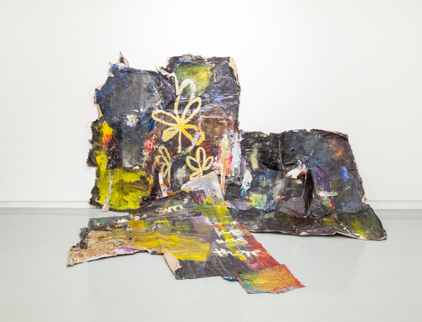 Charles Mason III Kept thinking about tears, figuring out why I hadn't cried, 2021 House paint, paper, acrylic, tape, spackle, oil stick 75 x 120 x 72 in 190.5 x 304.8 x 182.9 cm