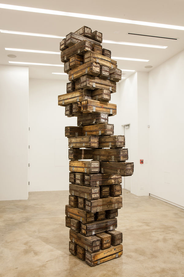 Glenn Kaino We Have Seen The Enemy and He is Us, 2014 Found bomb fin cases, metal and hardware 138 x 40 1/2 x 22 1/2 in 350.5 x 102.9 x 57.1 cm