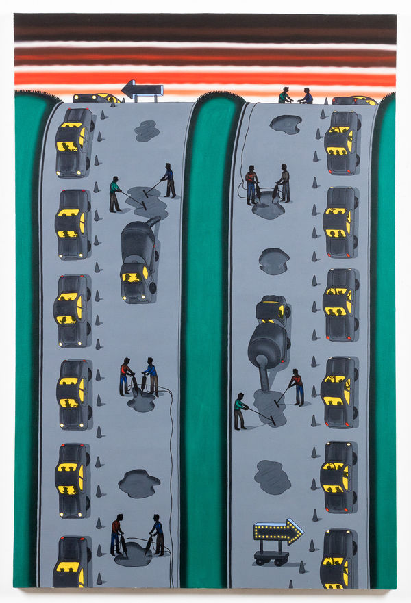 Roger Brown b. 1941 - d. 1997They Call This an Expressway?, 1986 Oil on canvas 72 x 48 x 1 1/2 in 182.9 x 121.9 x 3.8 cm